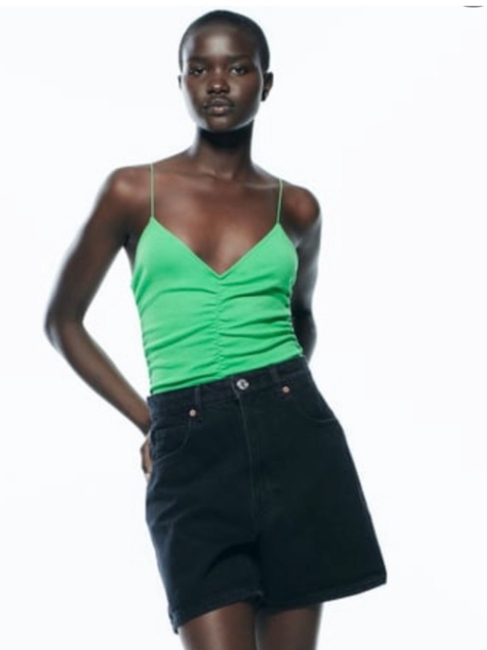 Zara Bright Green Ruched V-Neck Spaghetti Strap Bodysuit